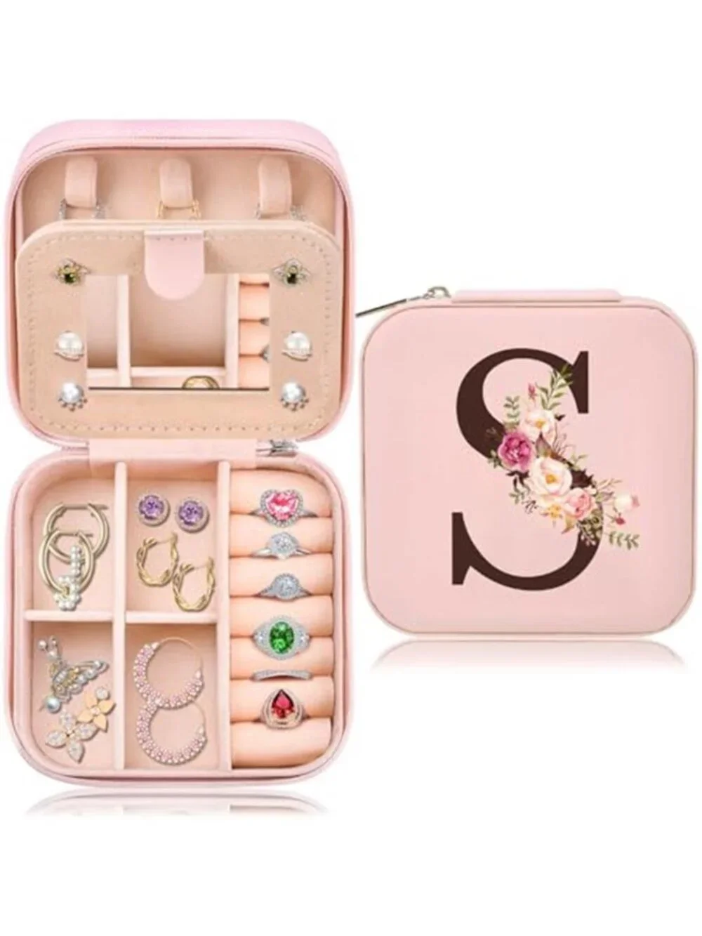 Initial S Travel Jewelry Case Box Organizer Pink Personalized Gift for Women Mom